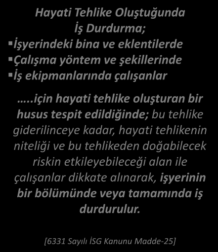 RİSK DEĞERLENDİRME 1 İş Durdurma 2 Hayati Tehlike Oluştuğunda İş Durdurma; İşyerindeki bina ve eklentilerde Çalışma yöntem ve şekillerinde İş ekipmanlarında çalışanlar.