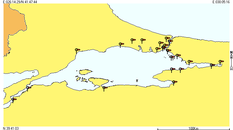 Meteorolojik veriler: Sabit meteoroloji istasyonları dağılımı: Marmara Denizi geneli sabit meteorolojik istasyon dağılımı Metod: Marmara Denizi genelinde 22 adet sabit istasyondan on-line olarak her