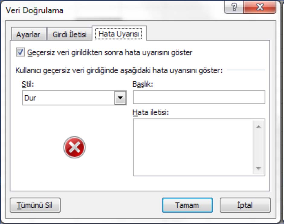 Giriş mesajı ve hata mesajı belirleme veri doğrulama penceresi içerisindeki girdi iletisi sekmesindeki ayarlarla hücre seçildiği anda