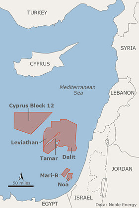 İsrail in Lisans Haritası Noble Energy, Delek Group ve Dor Gas Explorations ortaklığında kazılan Tamar Haifa limanına yaklaşık 17km mesafededir.