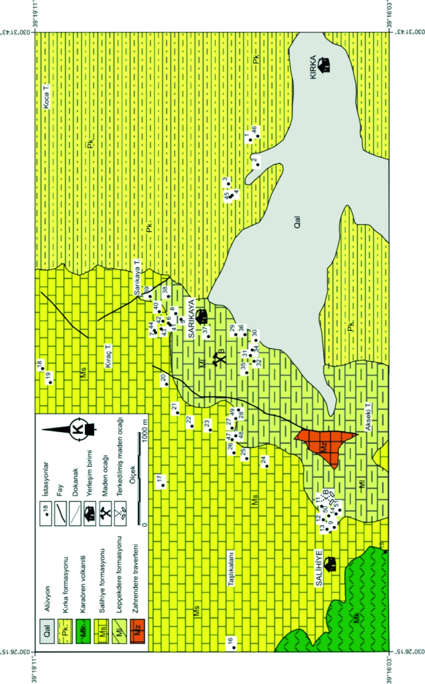139 Jeoloji Mühendisliği Dergisi 38 (2) 2014 Şekil 2. Kırka (Eskişehir) bölgesinin jeoloji haritası (Gök vd., 1979 dan değiştirilerek).