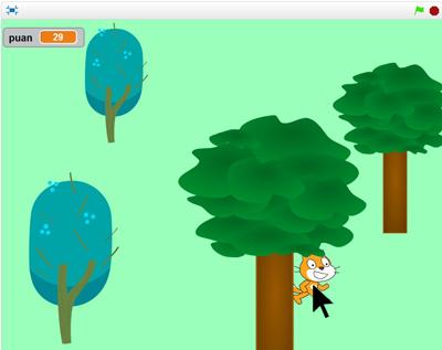 Tıklama oyunundan bir görünüm Oyununuzu test ederken, karaktere tıklarken ağaçların yer değiştirmemesi ya da katman yapısının bozulmaması için tam ekrandayken test edin.