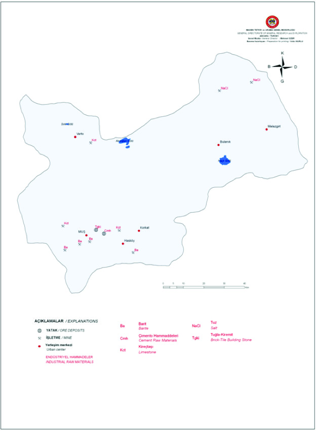 Tablo 7 : Muş İli Maden Rezervleri Şekil 3 : Muş İli Maden Haritası MADEN SAHASI TENÖR REZERV ALÇITAŞI ALÇITAŞI Bulanık-Huri Komu köyü Bulanık-Sıradere köyü % 35,07 CaO, % 36,60 SO3 ve % 17 kristal