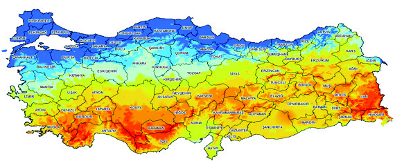 Şekil 23 : Türkiye Toplam Güneş Radyasyon Dağılımı Tablo 45 : Türkiye ve TRB2 Bölgesi nde Bulunan İller için Günlük ve Yıllık Olmak üzere Ortalama Güneşlenme Süreleri ve Radyasyon Değerleri Günlük
