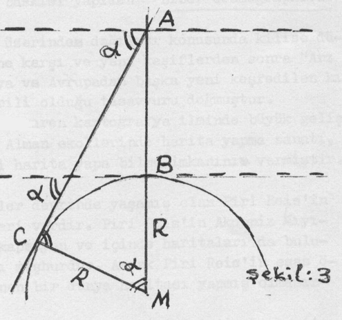 Şekil 2.16: Ebu Reyhan al-biruni tarafından yapılan dünyanın yarıçapını hesabı [3] ACM üçgeninde R cos R AB cos R AB 1 cos olduğu için dünyanın yarıçapı R=3,333 Arap mili (6576 km) olarak bulunmuştur.