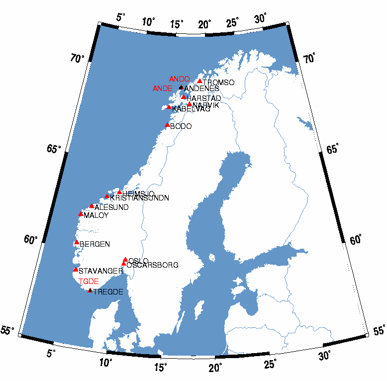 Şekil. Norveç kıyılarındaki, 953-00 döneminde ortak verisi olan 4 mareograf istasyonu, ANDENES mareograf istasyonu ve ANDE, ANDO ve TGDE Mar-SGPS istasyonları.