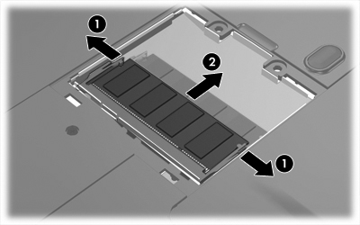 b. Bellek modülünü kenarından (2) tutup modülü bellek modülü yuvasından yavaşça çekerek çıkarın. Çıkarılan bellek modülünü korumak için elektrostatik korumalı bir kapta saklayın. 10.