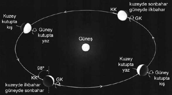 yönlenmesine ve iki yarım kürenin ileri düzeyde mevsimsel etkiler altında kalmasını sağlamaktadır. Şekil 4.23 de Uranüs Gezegenindeki mevsimler görülmektedir. Şekil 4.23 Uranüs ün kutuplarının bir yörünge dönemi boyunca Güneş e yönelimi 4.