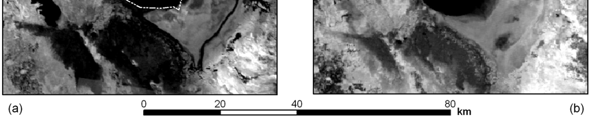 Şekil 5.24: Landsat-5 TM uydu verilerine ait termal bantların karşılaştırılması. (a) 02.07.1987 (b) 20.06.2006. çölleştiği yerinde tespit edilmiştir.