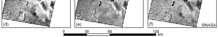 Buharlaşma sonucu tuz oluşumu (Mevsimsel Değişim) Şekil 5.8: Tuz Gölü ndeki su ile örtülü alanların tespiti (tuz-su ayrımı) ve Terra ASTER uydu görüntülerinin yorumlanması. (a)(b)(c) 12/04/2004.