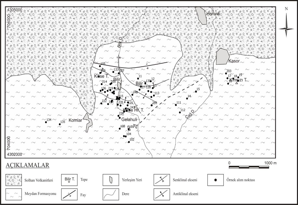 Şekil 2. Toprakkale bölgesinin 1/25 000 ölçekli jeoloji haritası(göncüoğlu ve Turhan 1985 ten modifiye edilmiştir. Baran, 2010). (Figure 2.