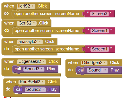 Bu kod blokları Screen1 için yazmış olduğumuz kodlardır.