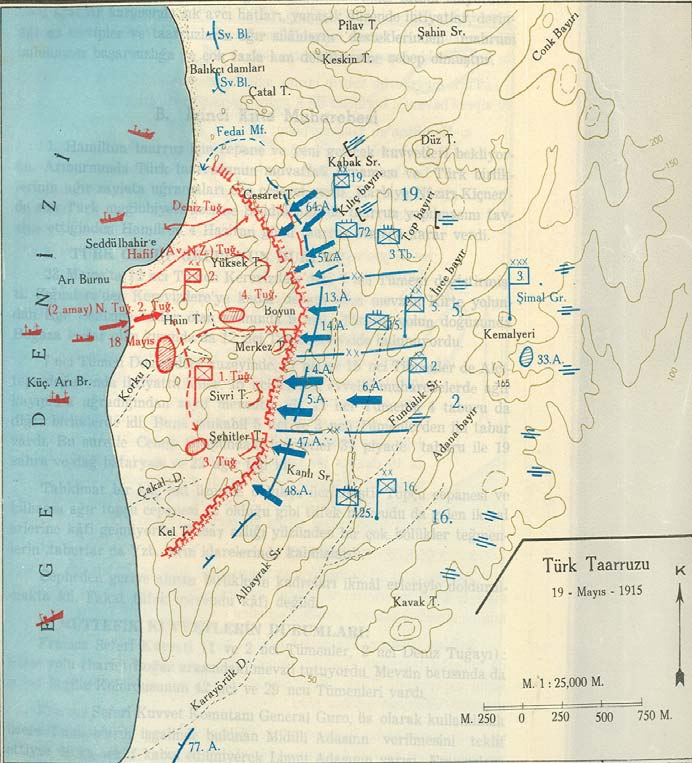 Arıburnu Cephesi nde 19 Mayıs 1915 te İcra Edilen Türk Taarruzu Güçlü bir tahkimata karşı yeterli topçu ateşi desteği sağlanmadan yapılan bu baskın tarzındaki taarruzlarda bölgeye yeni gelen ve