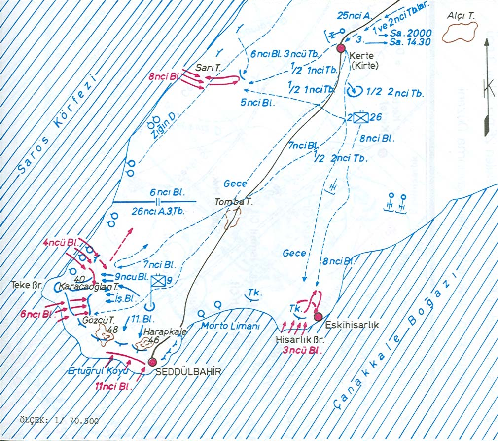 İtilaf Kuvvetleri Seddülbahir bölgesinde 29 uncu İngiliz, 1 inci Fransız Tümenleri ile İngiliz Deniz Tümeni çıkarılarak Alçıtepe ele geçirilecek ve buradan Kilitbahir istikametinde ilerlenecektir.