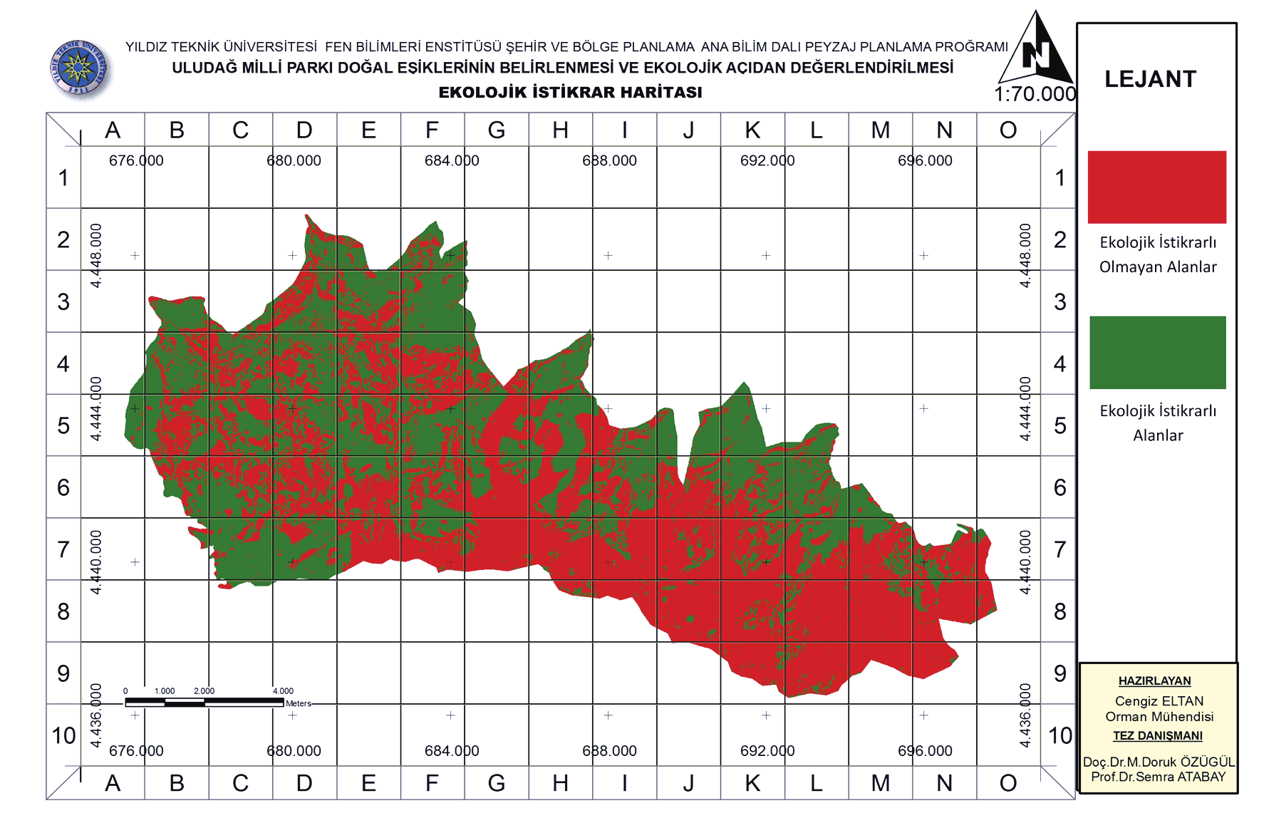 Uludağ Milli Parkı doğal eşiklerinin belirlenmesi Şekil 3. Ekolojik istikrar haritası Figure 3. Ecological stability map 4.