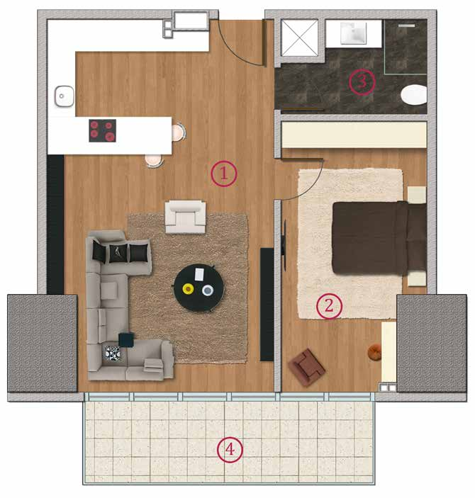 3 2 1 Salon + Mutfak 37,80 m² 2 Yatak Odası 17,06 m² 3 Banyo 5,55 m² 4 Balkon 11,34 m² 1 4 Kimi yaşadığı yerde