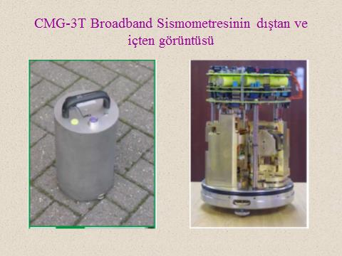 CMG-3T Geniş bant (Broadband) lı Sismometre nin Özellikleri Zayıf hareketi (weak motion) kaydeder 3 bileşenlidir. Elle taşınabilir, bağlantı girişi kolayca yapılabilir. Tepkisi: 0.0083-50 Hz dir.