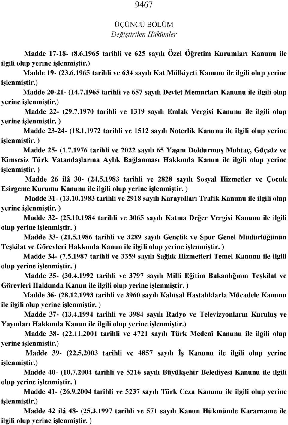 ) Madde 23-24- (18.1.1972 tarihli ve 1512 sayılı Noterlik Kanunu ile ilgili olup yerine işlenmiştir. ) Madde 25- (1.7.1976 tarihli ve 2022 sayılı 65 Yaşını Doldurmuş Muhtaç, Güçsüz ve Kimsesiz Türk Vatandaşlarına Aylık Bağlanması Hakkında Kanun ile ilgili olup yerine işlenmiştir.