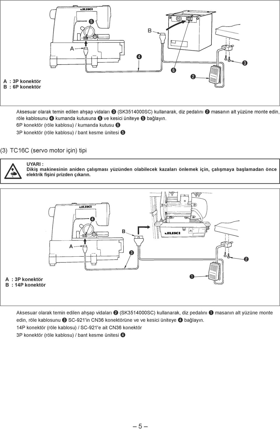 6P konektör (röle kablosu) / kumanda kutusu ❻ 3P konektör (röle kablosu) / bant kesme ünitesi ❺ (3) TC16C (servo motor için) tipi Dikiş makinesinin aniden çalışması yüzünden olabilecek kazaları