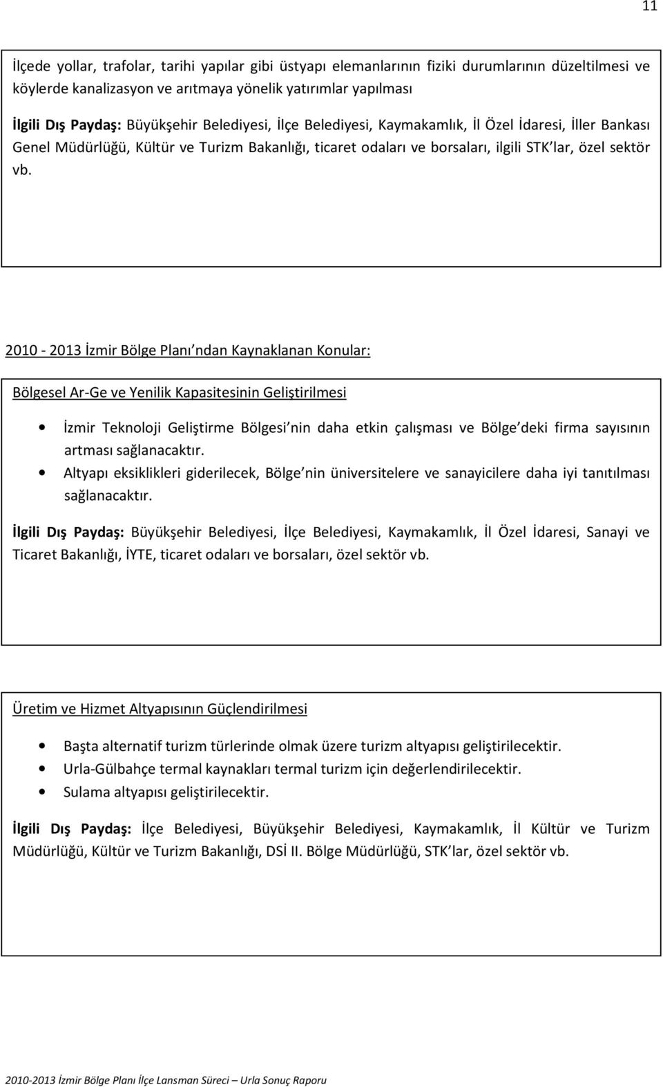 2010-2013 İzmir Bölge Planı ndan Kaynaklanan Konular: Bölgesel Ar-Ge ve Yenilik Kapasitesinin Geliştirilmesi İzmir Teknoloji Geliştirme Bölgesi nin daha etkin çalışması ve Bölge deki firma sayısının