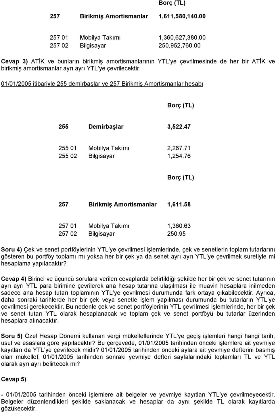 01/01/2005 itibariyle 255 demirbaşlar ve 257 Birikmiş Amortismanlar hesabı 255 Demirbaşlar 3,522.47 255 01 Mobilya Takımı 2,267.71 255 02 Bilgisayar 1,254.76 257 Birikmiş Amortismanlar 1,611.