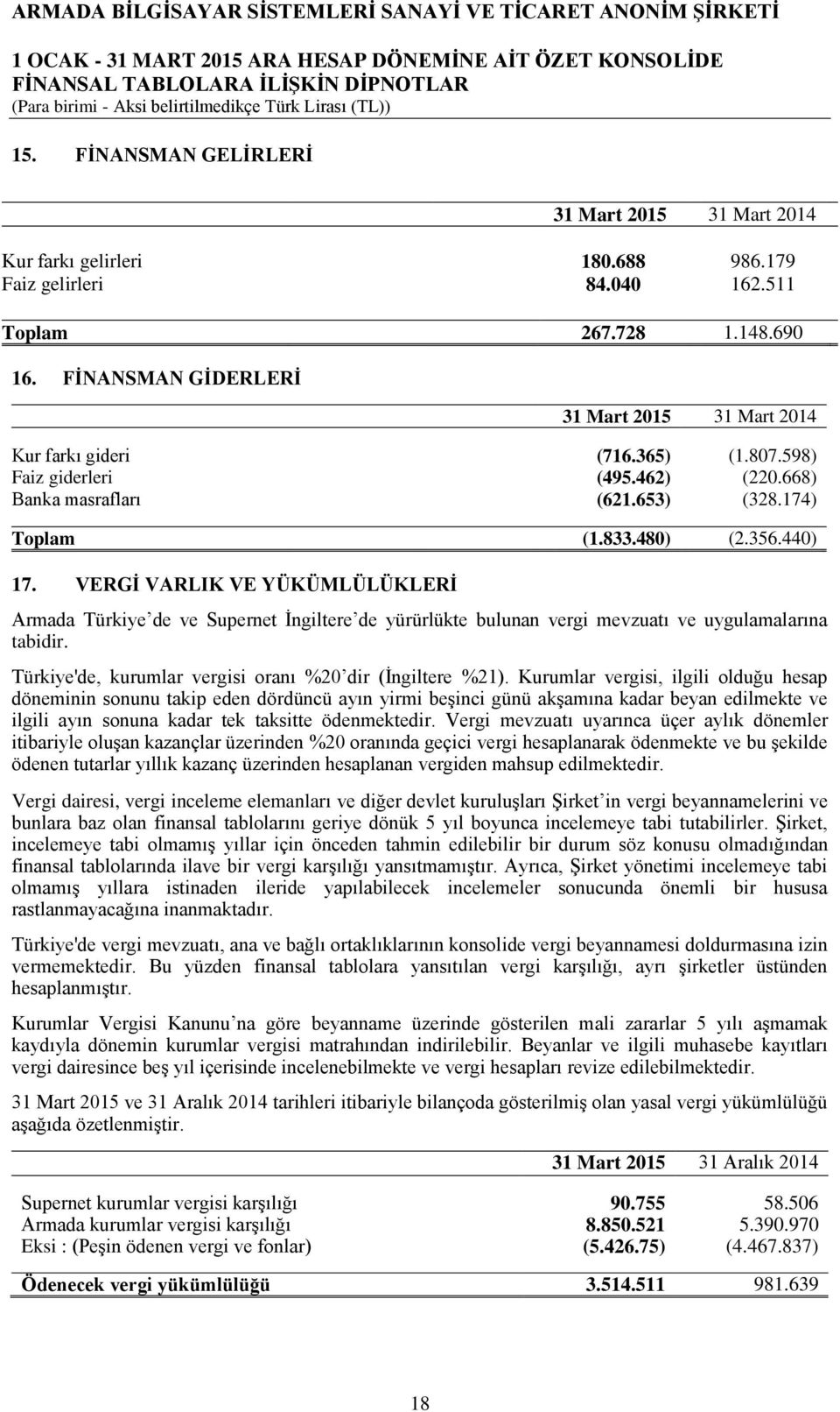 VERGĠ VARLIK VE YÜKÜMLÜLÜKLERĠ Armada Türkiye de ve Supernet Ġngiltere de yürürlükte bulunan vergi mevzuatı ve uygulamalarına tabidir. Türkiye'de, kurumlar vergisi oranı %20 dir (Ġngiltere %21).