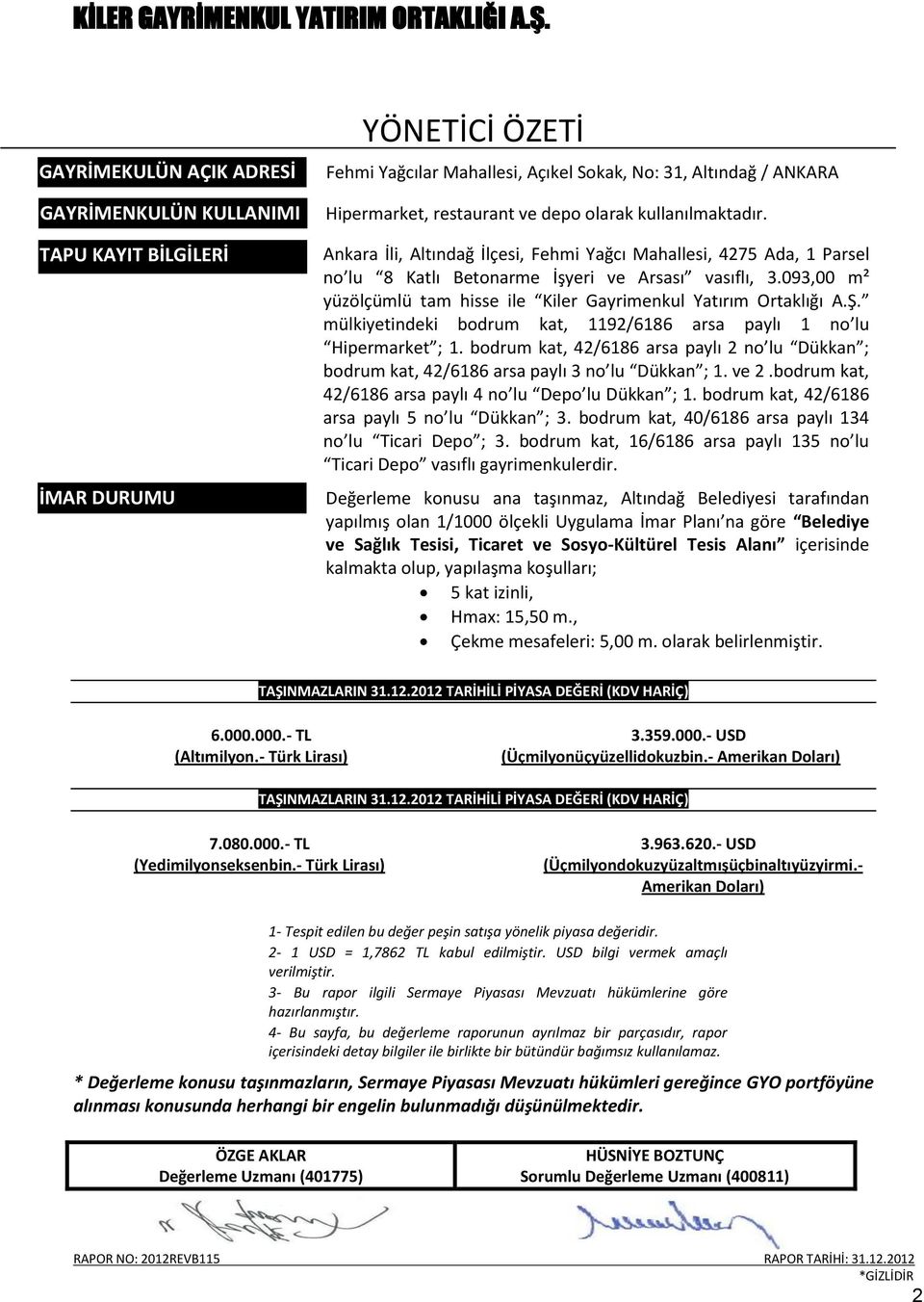 093,00 m² yüzölçümlü tam hisse ile Kiler Gayrimenkul Yatırım Ortaklığı A.Ş. mülkiyetindeki bodrum kat, 1192/6186 arsa paylı 1 no lu Hipermarket ; 1.