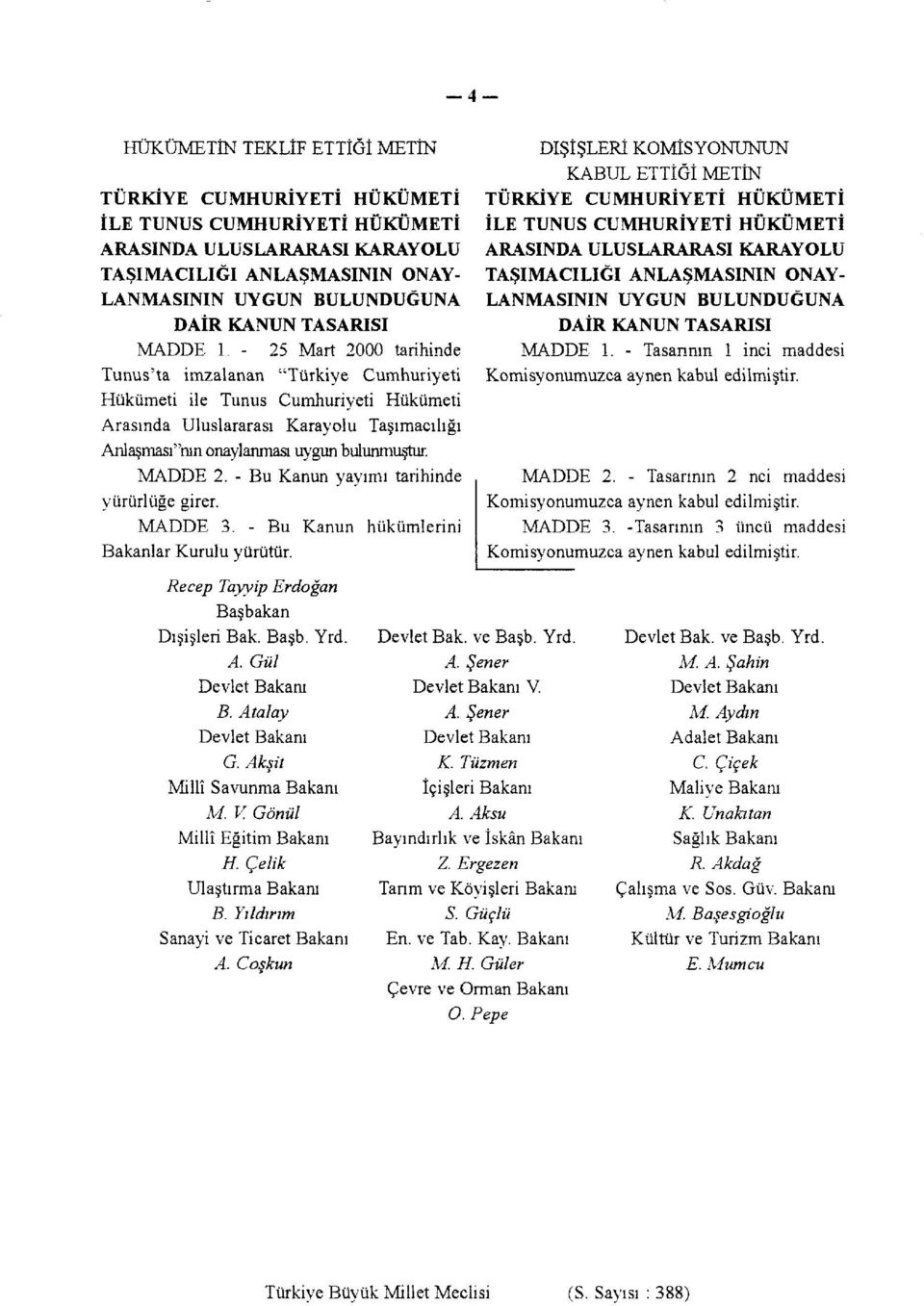 - 25 Mart 2000 tarihinde Tunus'ta imzalanan "Türkiye Cumhuriyeti Hükümeti ile Tunus Cumhuriyeti Hükümeti Arasında Uluslararası Karayolu Taşımacılığı Anlaşması"nın onaylanması uygun bulunmuştur.