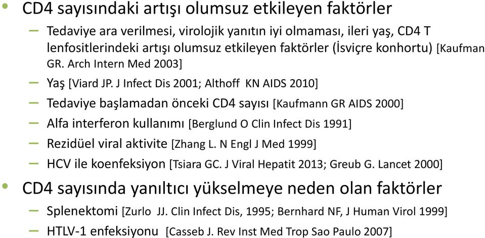 J Infect Dis 2001; Althoff KN AIDS 2010] Tedaviye başlamadan önceki CD4 sayısı [Kaufmann GR AIDS 2000] Alfa interferon kullanımı [Berglund O Clin Infect Dis 1991] Rezidüel viral
