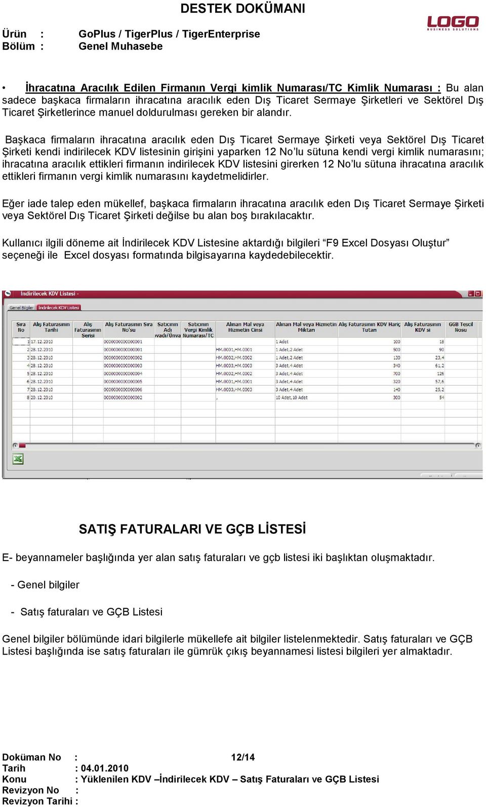 Başkaca firmaların ihracatına aracılık eden Dış Ticaret Sermaye Şirketi veya Sektörel Dış Ticaret Şirketi kendi indirilecek KDV listesinin girişini yaparken 12 No lu sütuna kendi vergi kimlik