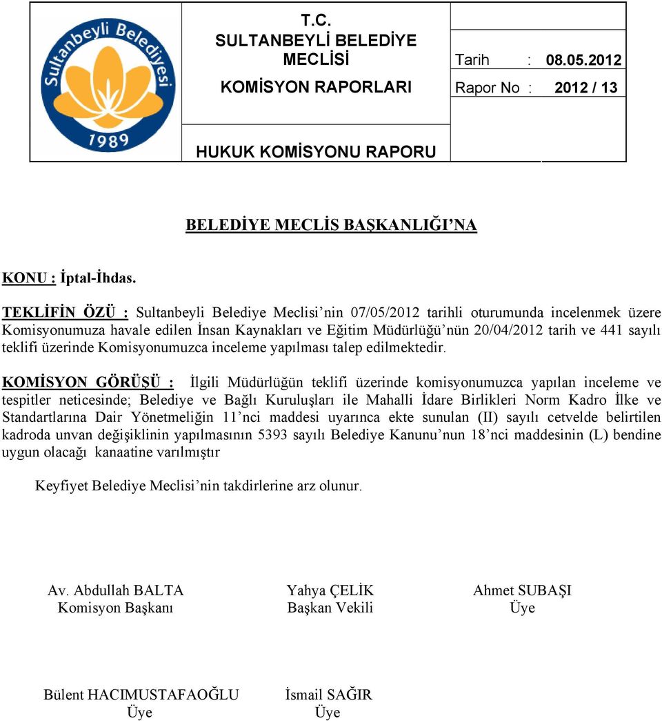 KOMİSYON GÖRÜŞÜ : İlgili Müdürlüğün teklifi üzerinde komisyonumuzca yapılan inceleme ve tespitler neticesinde; Belediye ve Bağlı Kuruluşları ile Mahalli İdare Birlikleri Norm Kadro İlke ve