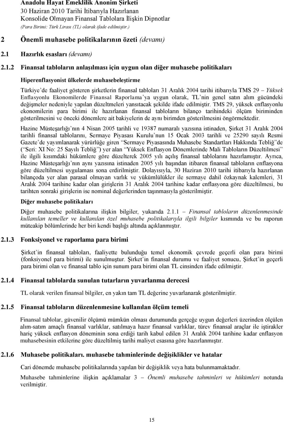 2 Finansal tabloların anlaģılması için uygun olan diğer muhasebe politikaları Hiperenflasyonist ülkelerde muhasebeleģtirme Türkiye de faaliyet gösteren Ģirketlerin finansal tabloları 31 Aralık 2004