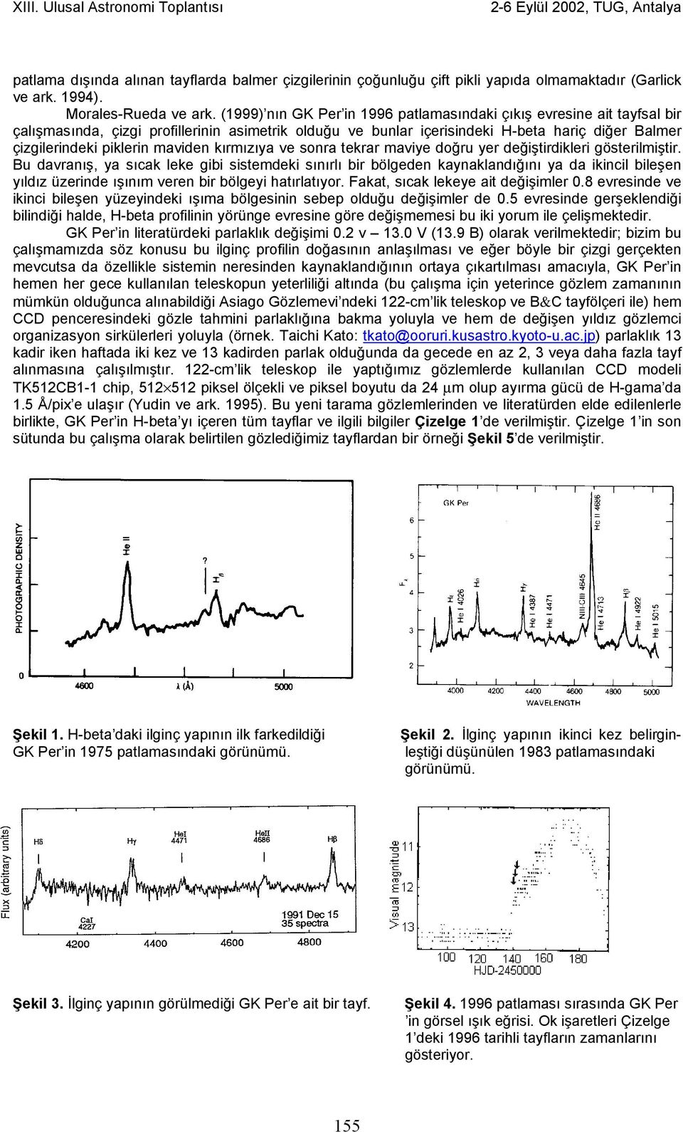 (1999) nın GK Per in 1996 patlamasındaki çıkış evresine ait tayfsal bir çalışmasında, çizgi profillerinin asimetrik olduğu ve bunlar içerisindeki H-beta hariç diğer Balmer çizgilerindeki piklerin
