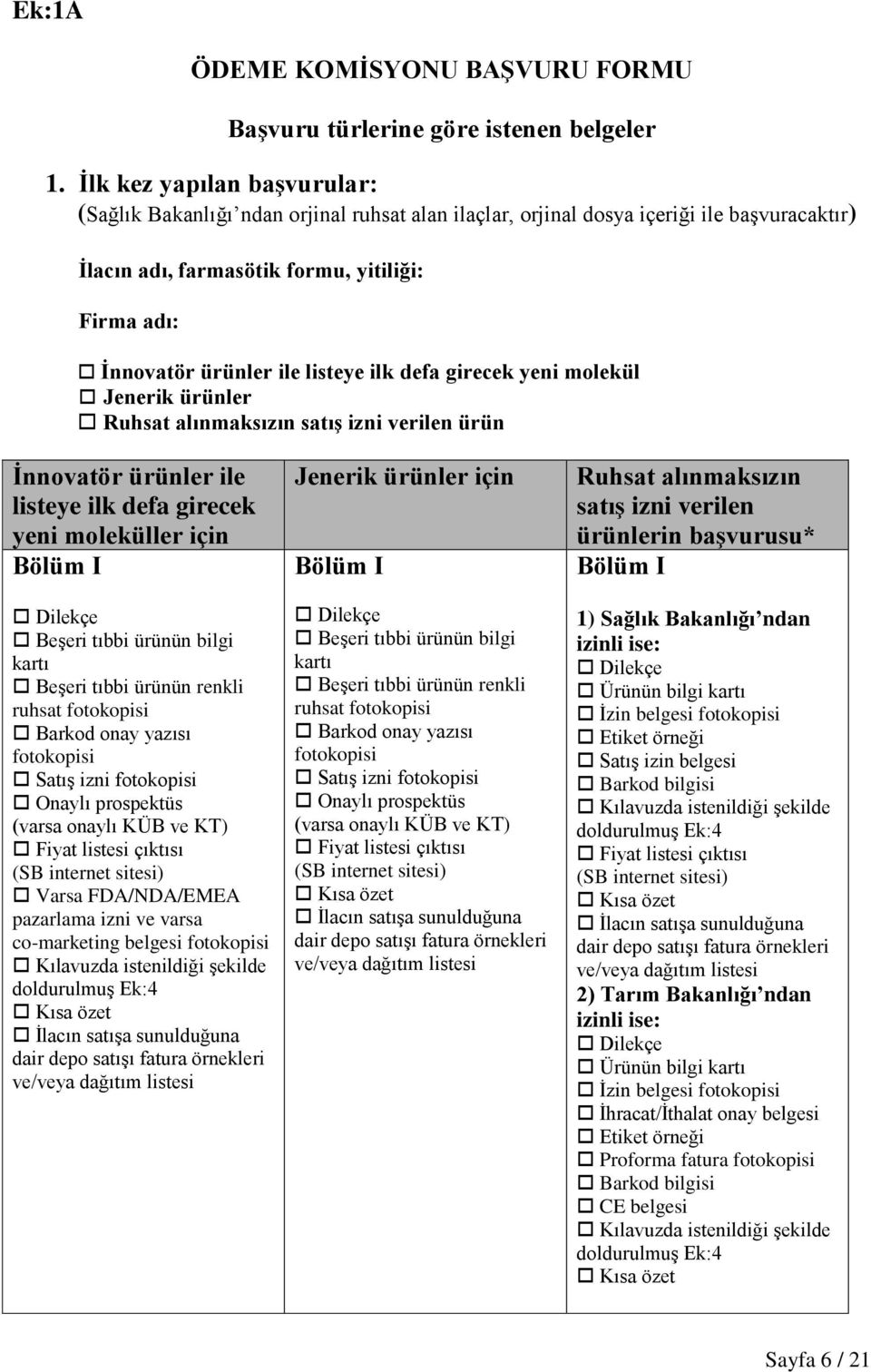 listeye ilk defa girecek yeni molekül Jenerik ürünler Ruhsat alınmaksızın satış izni verilen ürün İnnovatör ürünler ile listeye ilk defa girecek yeni moleküller için Bölüm I Dilekçe Beşeri tıbbi