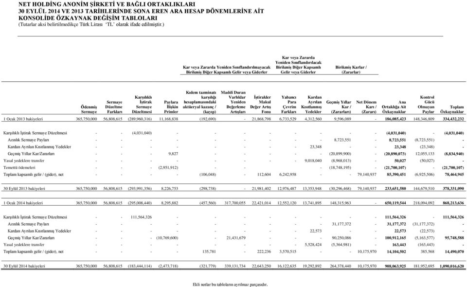 Paylara İlişkin Primler Kıdem tazminatı karşılığı hesaplamasındaki aktüeryal kazanç / (kayıp) Maddi Duran Varlıklar Yeniden Değerleme Artışları İştirakler Makul Değer Artış Fonu Yabancı Para Çevrim