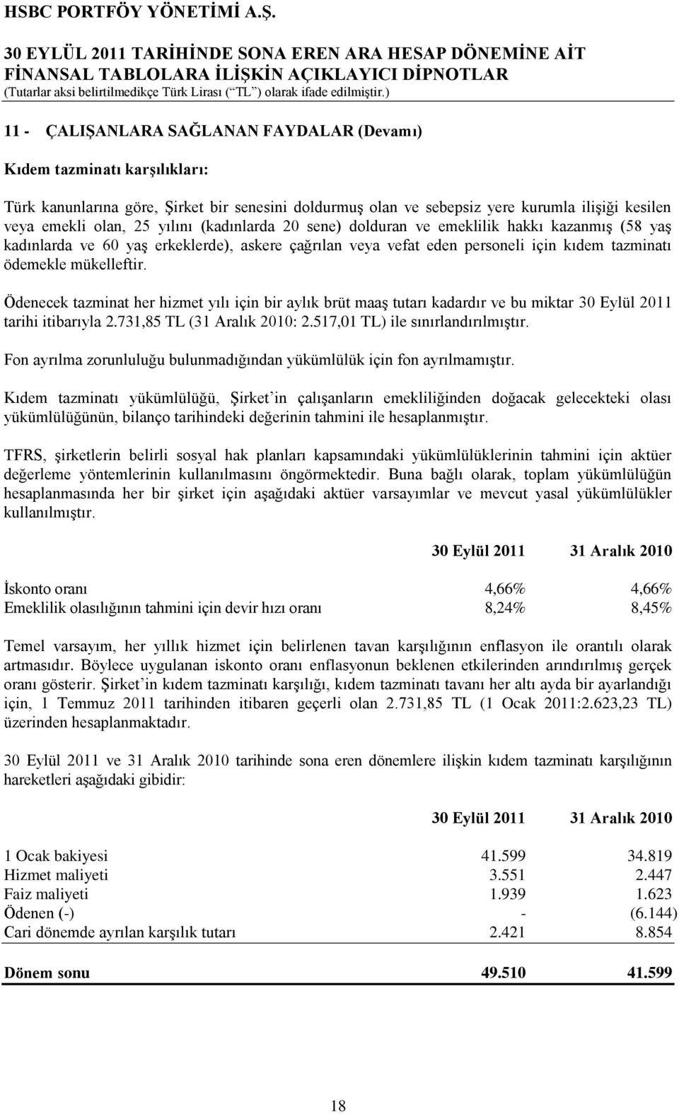 Ödenecek tazminat her hizmet yılı için bir aylık brüt maaģ tutarı kadardır ve bu miktar 30 Eylül 2011 tarihi itibarıyla 2.731,85 TL (31 Aralık 2010: 2.517,01 TL) ile sınırlandırılmıģtır.