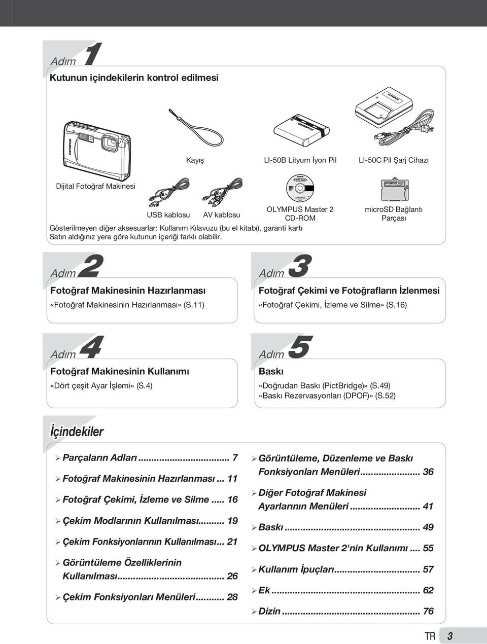 microsd Bağlantı Parçası Adım 3 Fotoğraf Çekimi ve Fotoğrafların İzlenmesi «Fotoğraf Çekimi, İzleme ve Silme» (S.16) Adım 4 Fotoğraf Makinesinin Kullanımı «Dört çeşit Ayar İşlemi» (S.