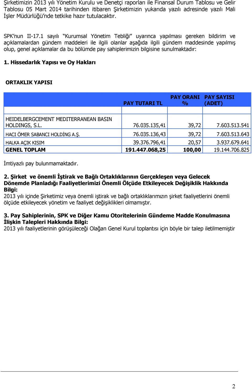 1 sayılı Kurumsal Yönetim Tebliği uyarınca yapılması gereken bildirim ve açıklamalardan gündem maddeleri ile ilgili olanlar aşağıda ilgili gündem maddesinde yapılmış olup, genel açıklamalar da bu