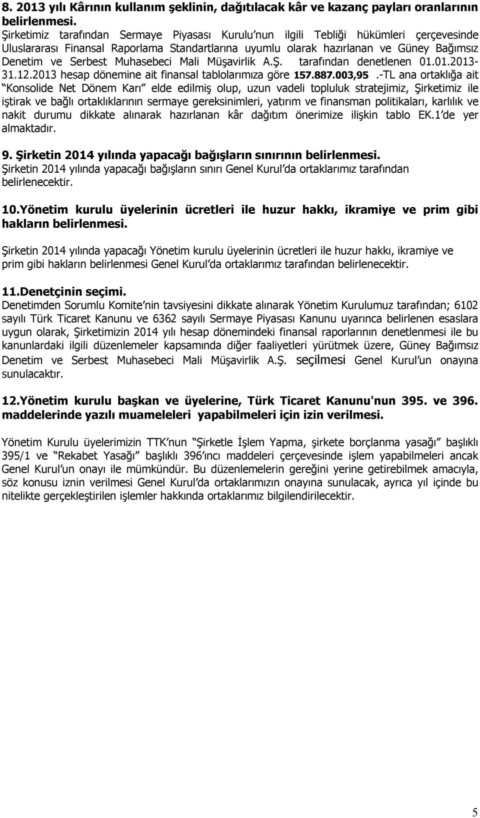 Muhasebeci Mali Müşavirlik A.Ş. tarafından denetlenen 01.01.2013-31.12.2013 hesap dönemine ait finansal tablolarımıza göre 157.887.003,95.