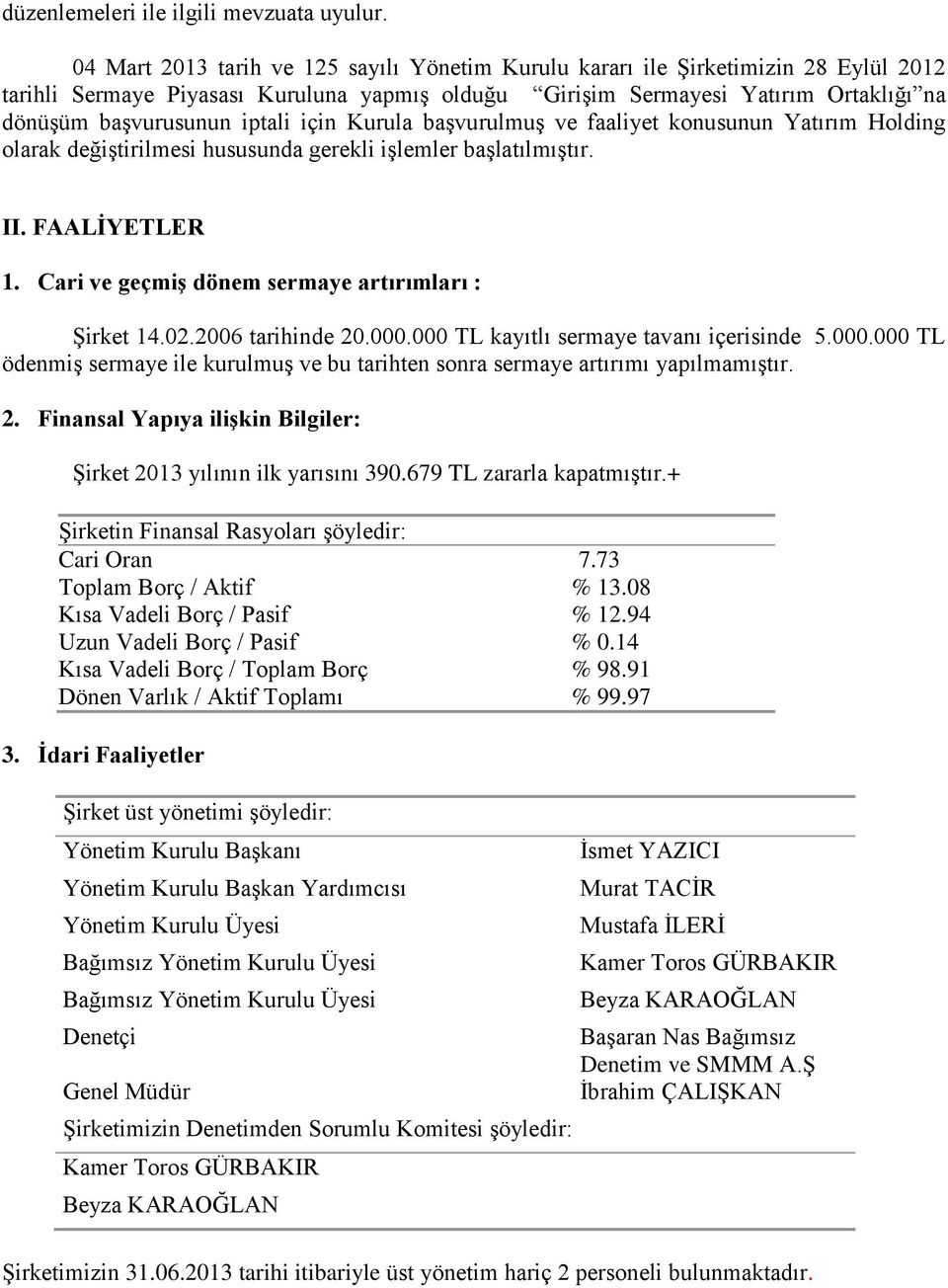 iptali için Kurula baģvurulmuģ ve faaliyet konusunun Yatırım Holding olarak değiģtirilmesi hususunda gerekli iģlemler baģlatılmıģtır. II. FAALĠYETLER 1.