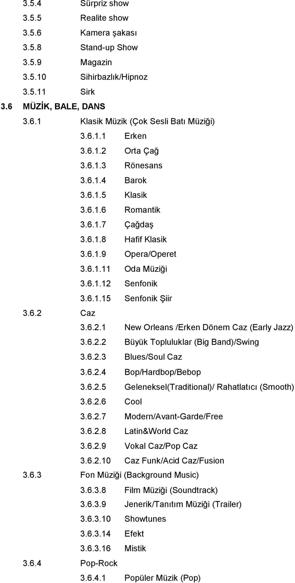 6.2.1 New Orleans /Erken Dönem Caz (Early Jazz) 3.6.2.2 Büyük Topluluklar (Big Band)/Swing 3.6.2.3 Blues/Soul Caz 3.6.2.4 Bop/Hardbop/Bebop 3.6.2.5 Geleneksel(Traditional)/ Rahatlatıcı (Smooth) 3.6.2.6 Cool 3.