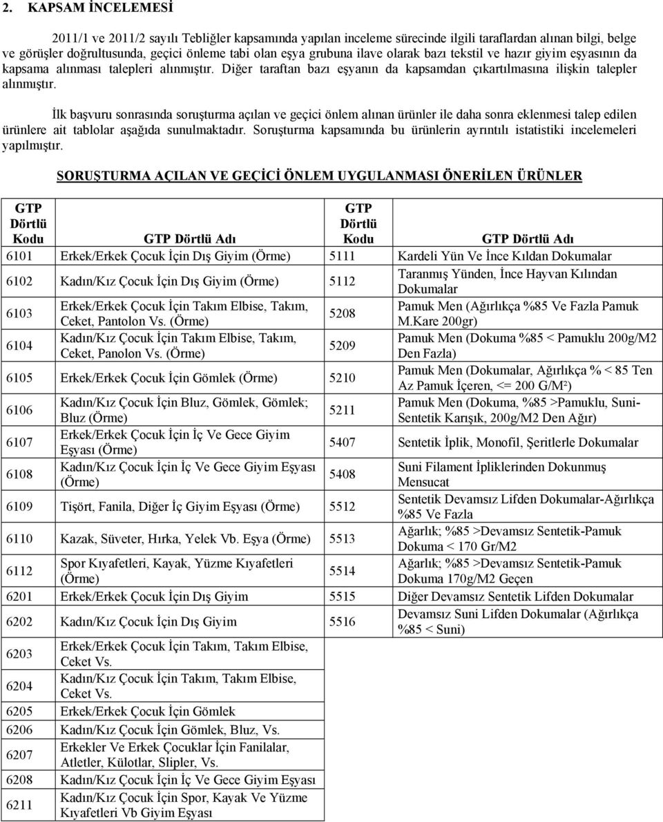 İlk başvuru sonrasında soruşturma açılan ve geçici önlem alınan ürünler ile daha sonra eklenmesi talep edilen ürünlere ait tablolar aşağıda sunulmaktadır.