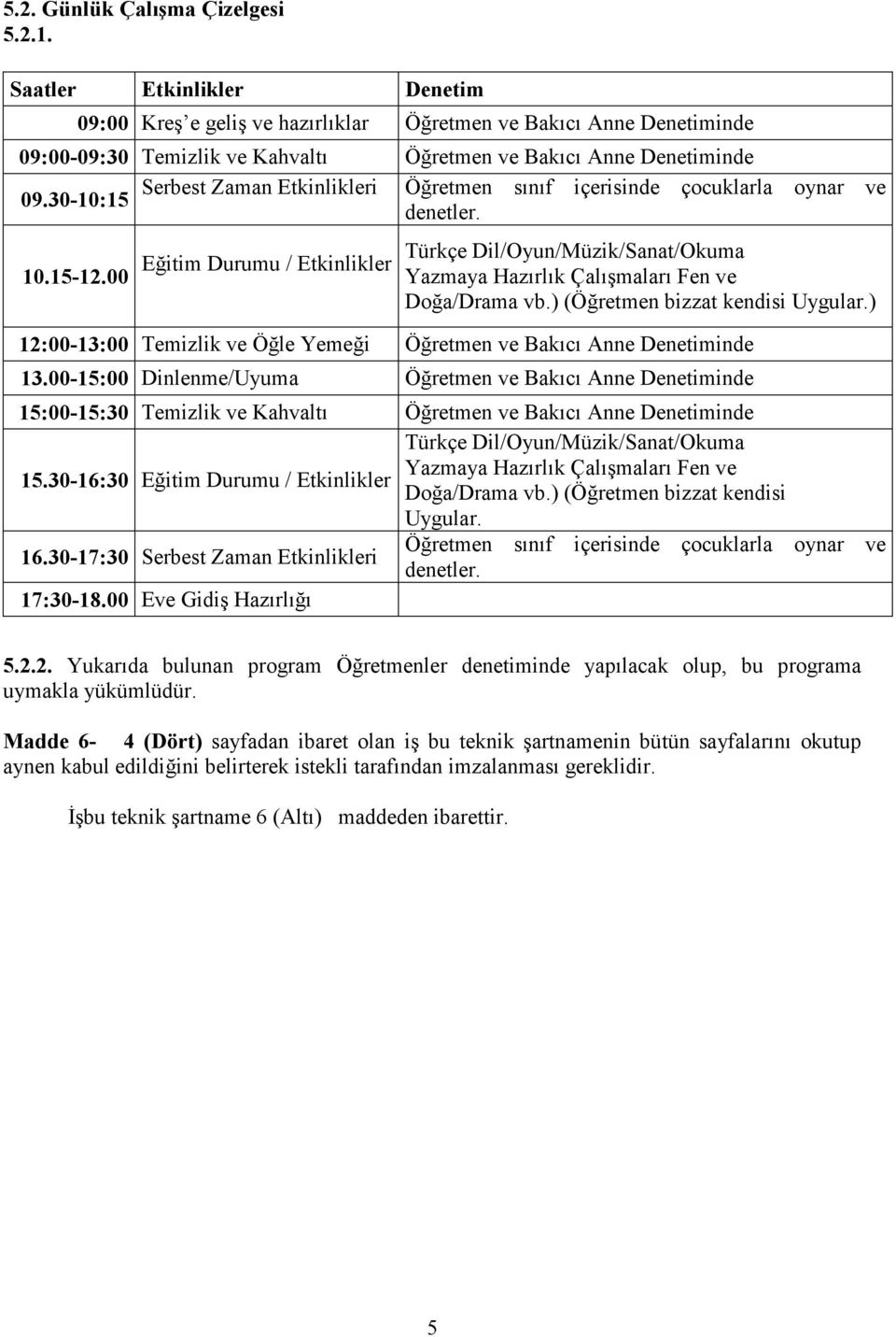 Öğretmen sınıf içerisinde çocuklarla oynar ve 09.30-10:15 denetler. 10.15-12.00 Eğitim Durumu / Etkinlikler Türkçe Dil/Oyun/Müzik/Sanat/Okuma Yazmaya Hazırlık Çalışmaları Fen ve Doğa/Drama vb.