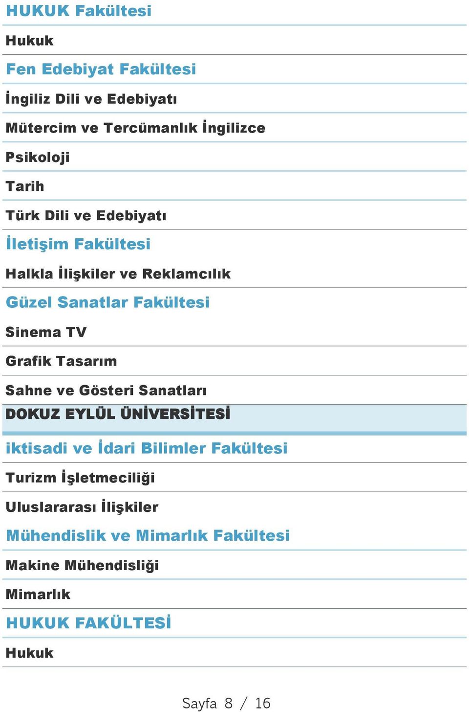 Fakültesi Sinema TV Grafik Tasarım Sahne ve Gösteri Sanatları DOKUZ EYLÜL