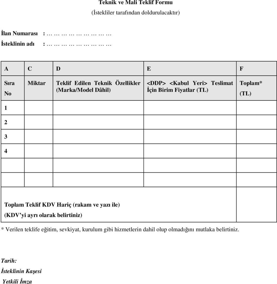 Toplam* (TL) 1 2 3 4 Toplam Teklif KDV Hariç (rakam ve yazı ile) (KDV yi ayrı olarak belirtiniz) * Verilen teklife