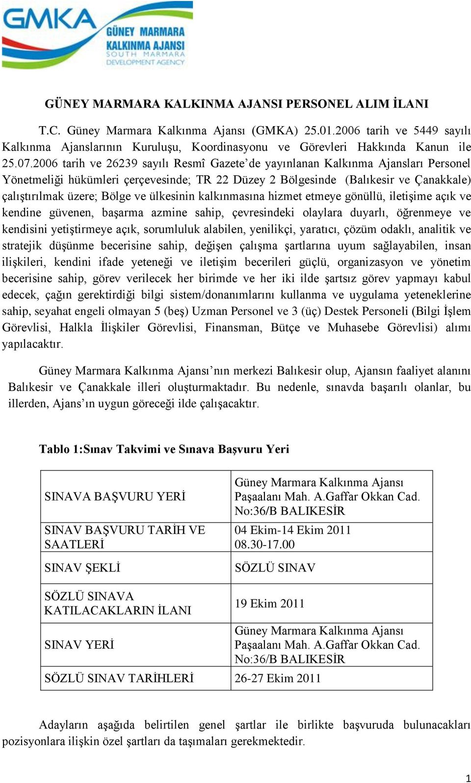 2006 tarih ve 26239 sayılı Resmî Gazete de yayınlanan Kalkınma Ajansları Personel Yönetmeliği hükümleri çerçevesinde; TR 22 Düzey 2 Bölgesinde (Balıkesir ve Çanakkale) çalıştırılmak üzere; Bölge ve