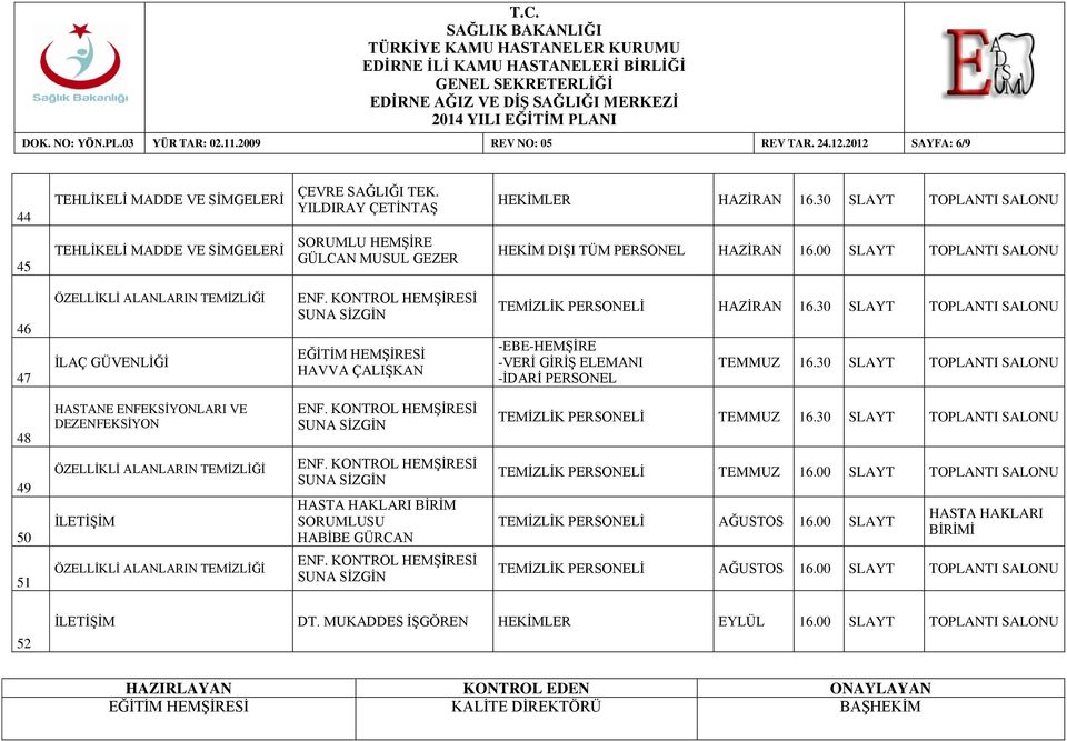 00 SLAYT TOPLANTI SALONU 46 47 İLAÇ GÜVENLİĞİ TEMİZLİK PERSONELİ HAZİRAN 16.30 SLAYT TOPLANTI SALONU TEMMUZ 16.30 SLAYT TOPLANTI SALONU 48 TEMİZLİK PERSONELİ TEMMUZ 16.