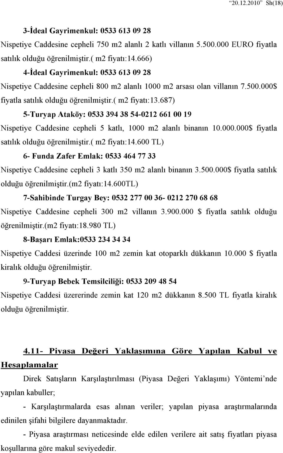 687) 5-Turyap Ataköy: 0533 394 38 54-0212 661 00 19 Nispetiye Caddesine cepheli 5 katlı, 1000 m2 alanlı binanın 10.000.000$ fiyatla satılık olduğu öğrenilmiştir.( m2 fiyatı:14.