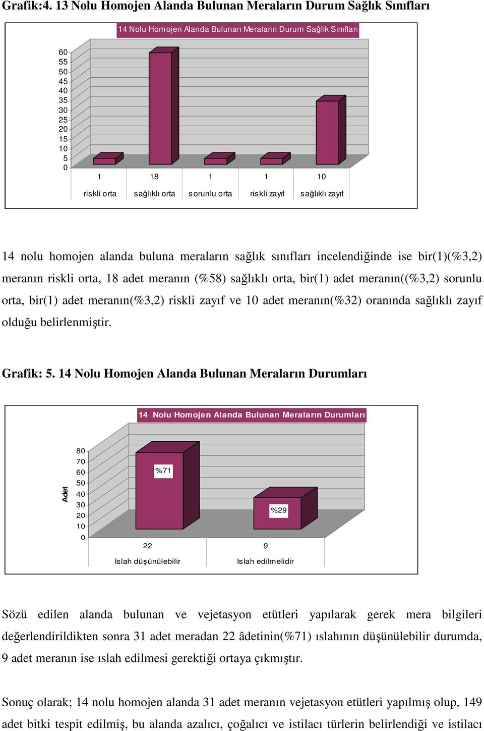 orta sorunlu orta riskli zayıf sağlıklı zayıf 14 nolu homojen alanda buluna meraların sağlık sınıfları incelendiğinde ise bir(1)(%3,2) meranın riskli orta, 18 adet meranın (%58) sağlıklı orta, bir(1)