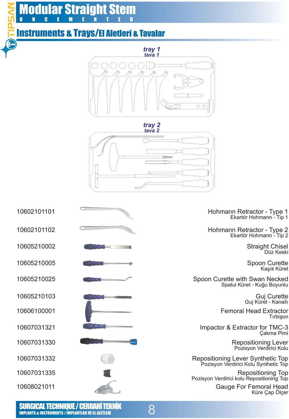 10607031321 Guj Curette Guj Küret - Kanallý Femoral Head Extractor Týrbiþon Impactor & Extractor for TMC-3 Çakma Pimi 10607031330 Repositioning Lever Pozisyon Verdirici Kolu 10607031332